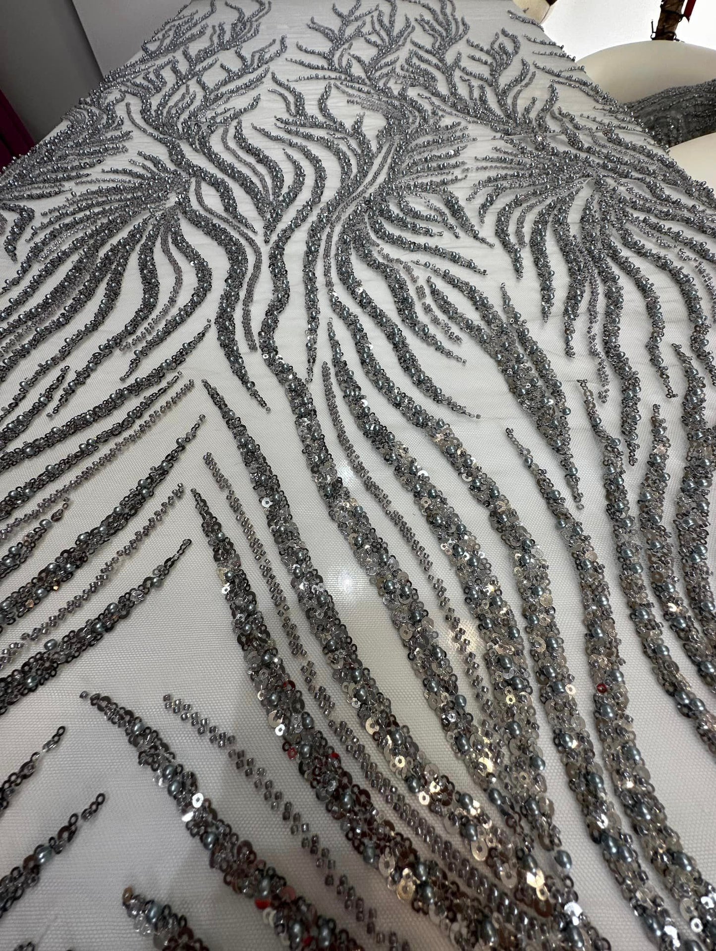 CUPON DISPONIBIL 1,7M - Broderie argintie , accesorizata cu paiete si margele / MODEL SYEIRA