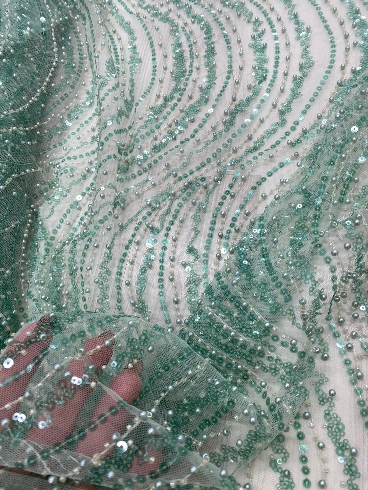 Broderie accesorizata cu paiete si margele, Verde Aqua - MODEL EMY