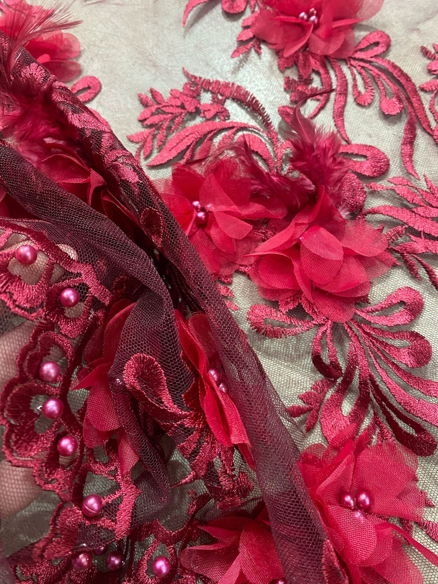 Broderie accesorizata cu flori 3D, Bordeaux - MODEL ANYA