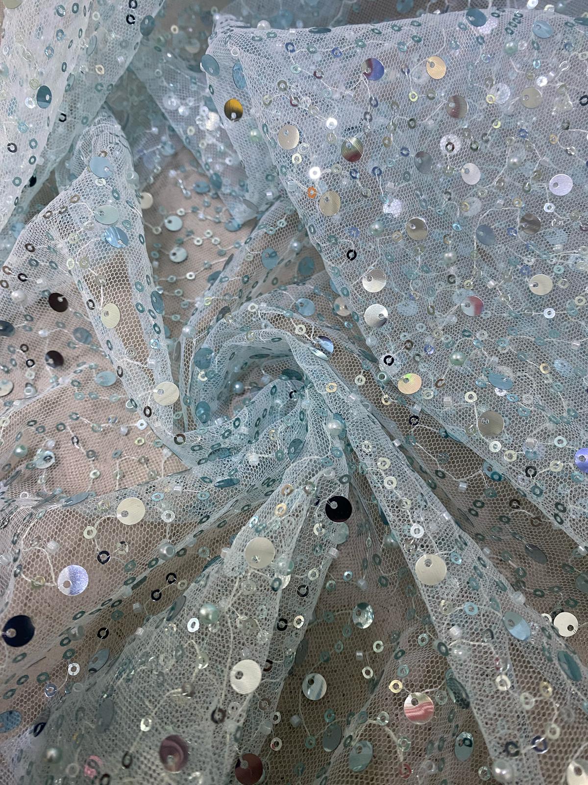 Tulle accesorizat cu paiete si margele , Blue Mint - MODEL BIG