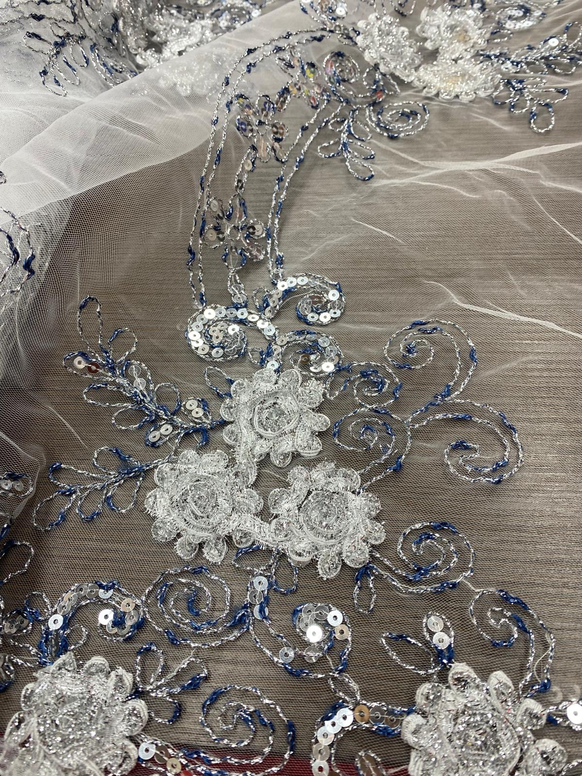 Broderie pe Tulle of White cu paiete si fir lame argintiu si albastru, model 3D