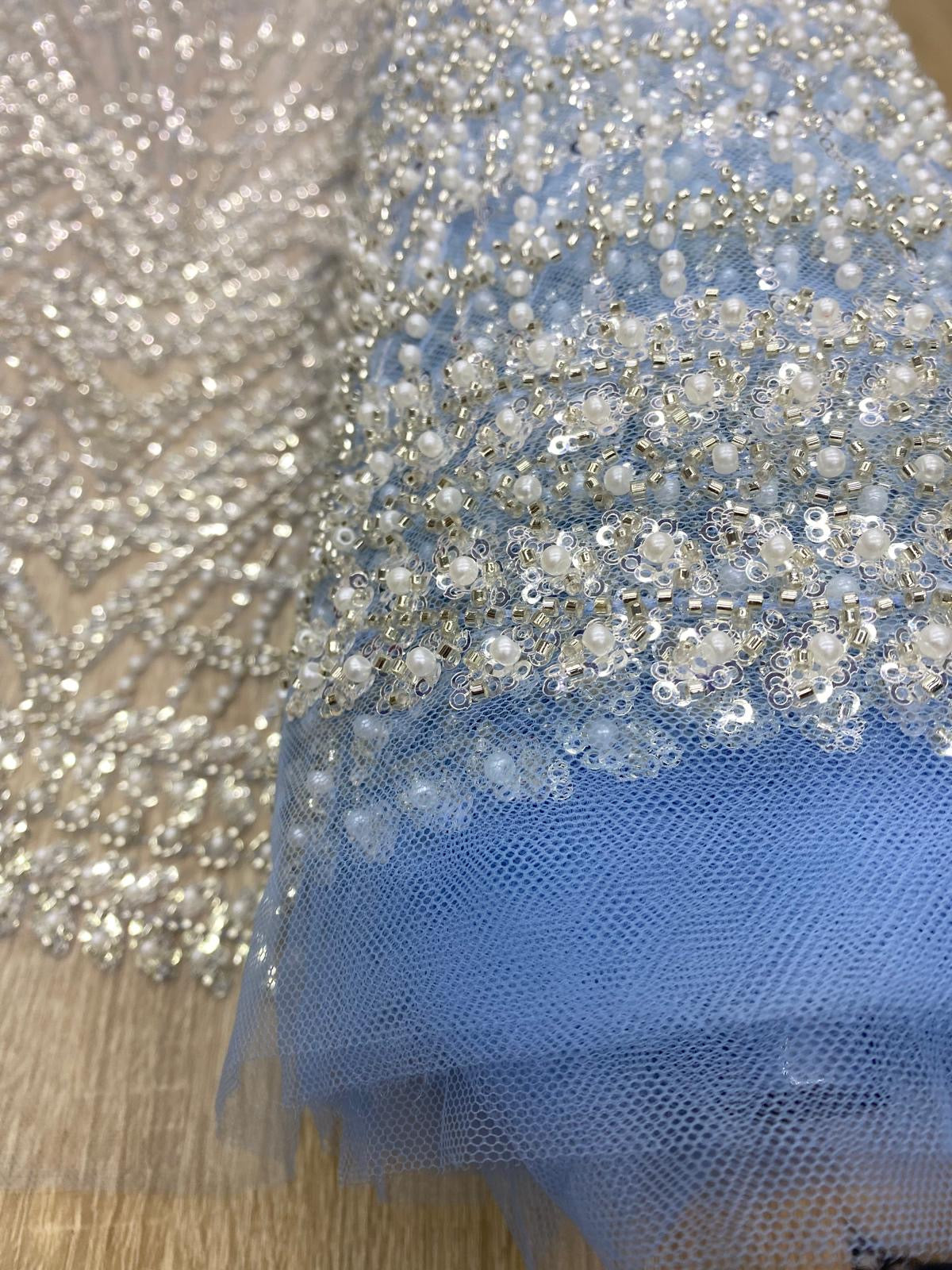 Broderie premium accesorizată cu perle, paiete si mărgele, Bleu, model Zafira