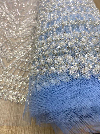 Broderie premium accesorizată cu perle, paiete si mărgele, Bleu, model Zafira