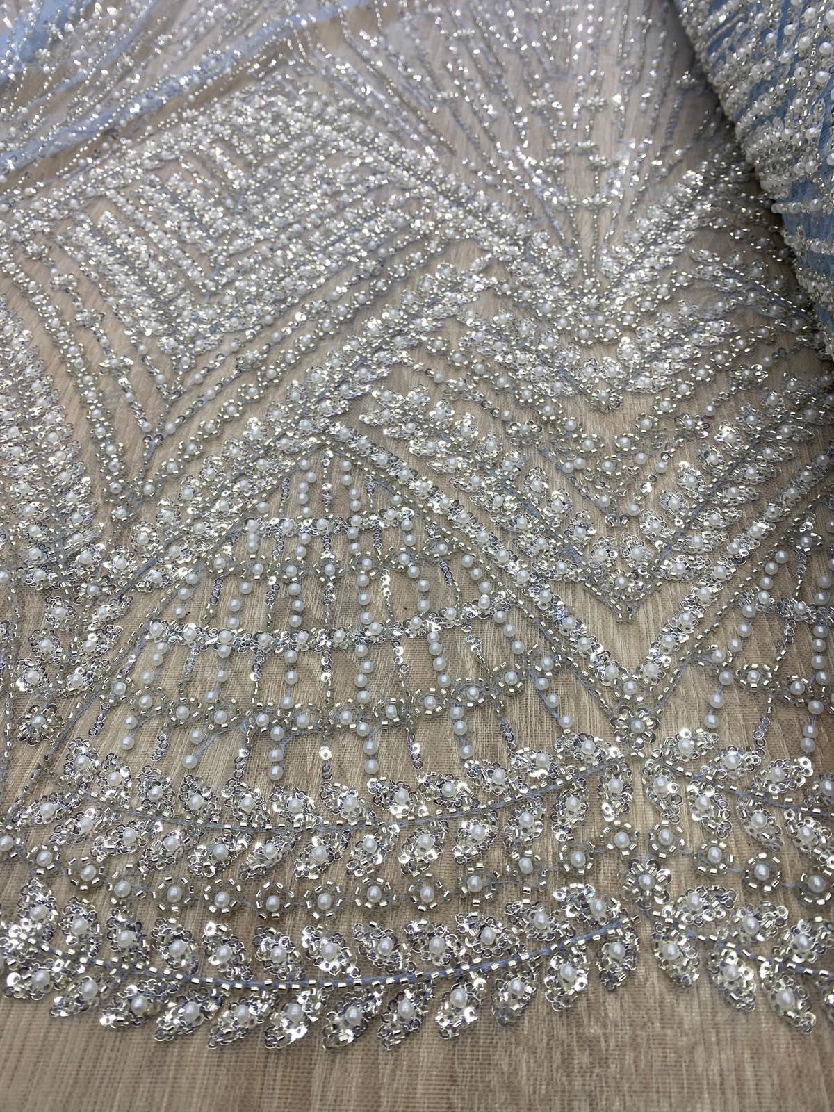 Broderie premium accesorizată cu perle, paiete si mărgele, Bleu, model Zafira