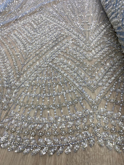 Broderie premium accesorizată cu perle, paiete si mărgele, Bleu, model Zafira