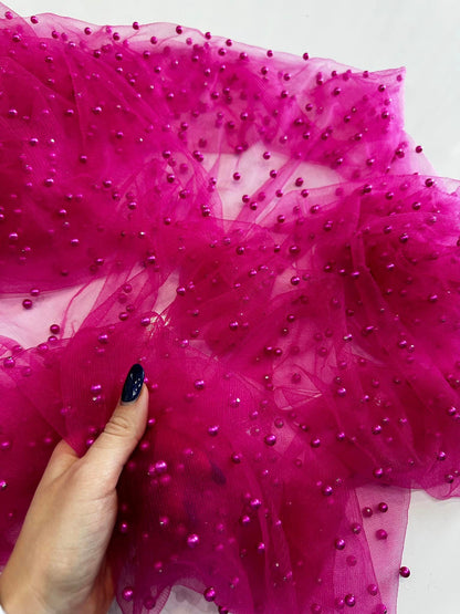 Tulle accesorizat, plin cu perle, Roz Fuxia
