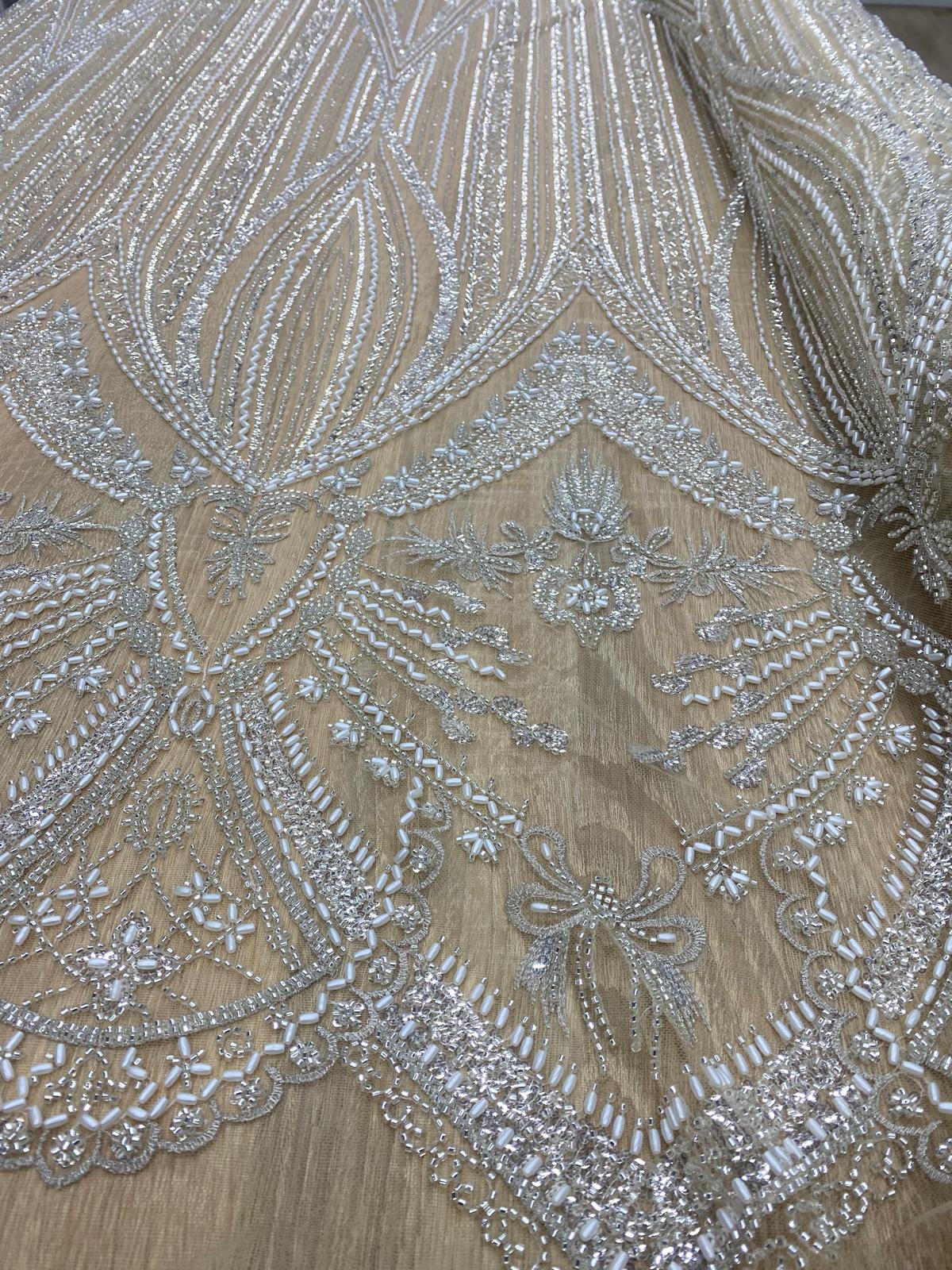 Broderie accesorizata cu paiete si margele argintie, pe suport de tulle nude - MODEL INGA
