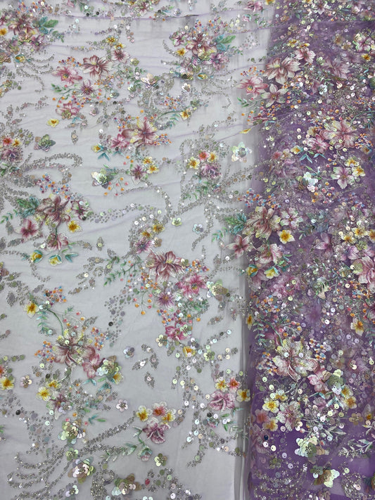 Broderie premium accesorizata Flori 3D, design multicolor, Tulle Mov, Model FAVI