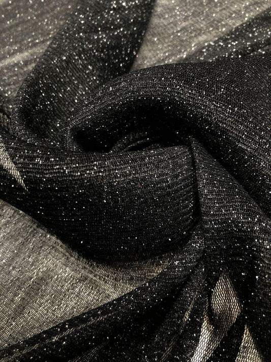 Tulle negru, tip plasa elastica, cu fir lame argintiu