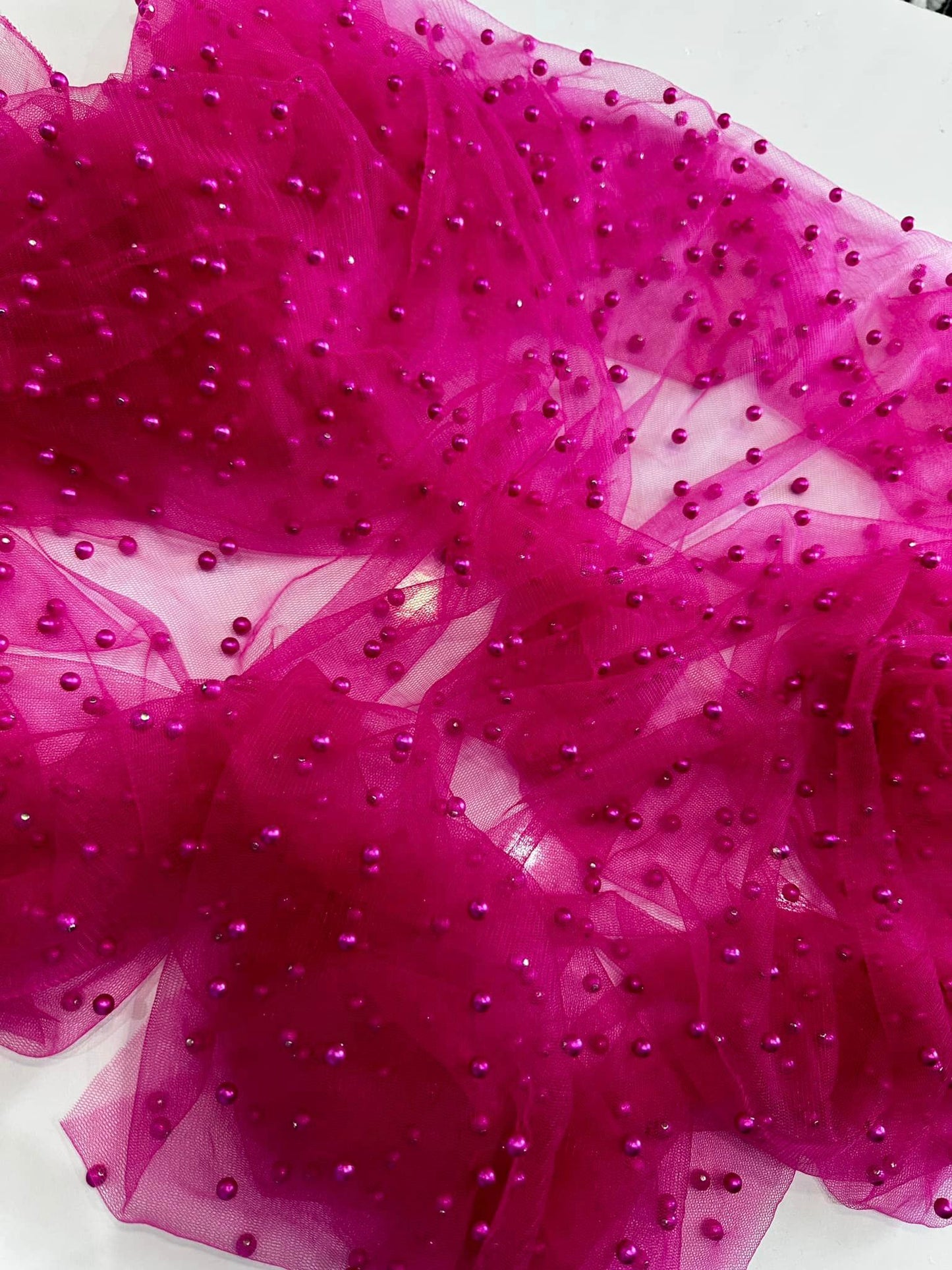 Tulle accesorizat, plin cu perle, Roz Fuxia