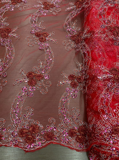 Broderie pe tulle Rosu cu paiete Fuxia si fir lame, model 3D