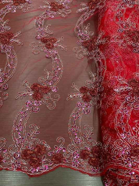 Broderie pe tulle Rosu cu paiete Fuxia si fir lame, model 3D