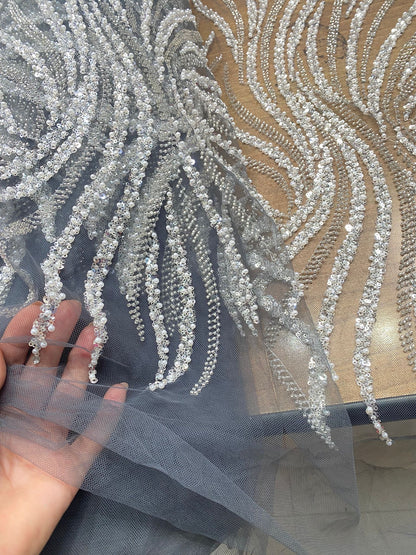 Broderie accesorizată cu paiete si mărgele argintii, Gri, Model AVA