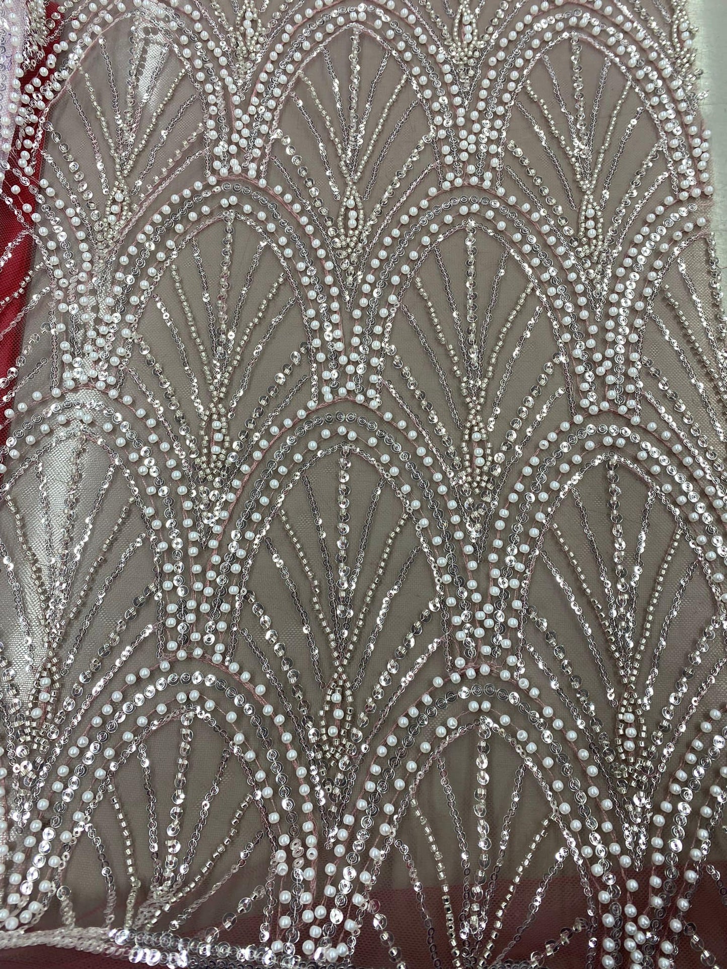 Broderie argintie , accesorizata cu paiete si margele, pe suport de tulle roz - MODEL DERYA - ULTIMUL CUPON DISPONIBIL