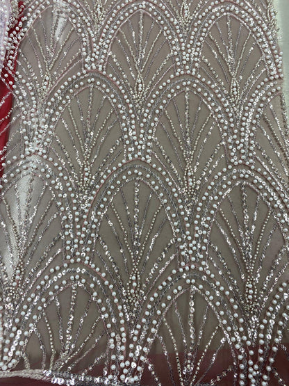 Broderie argintie , accesorizata cu paiete si margele, pe suport de tulle roz - MODEL DERYA - ULTIMUL CUPON DISPONIBIL