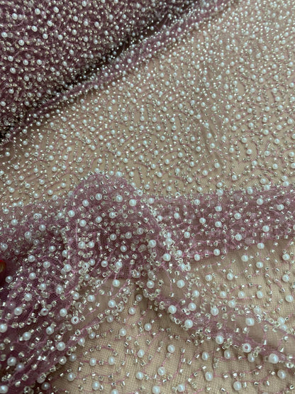 Tulle accesorizat cu perle si margele tubulare , Roz Pudra - MODEL HACER