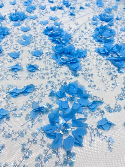 Broderie accesorizata cu flori 3D , margele si paiete , Turqoise - MODEL ALIMA