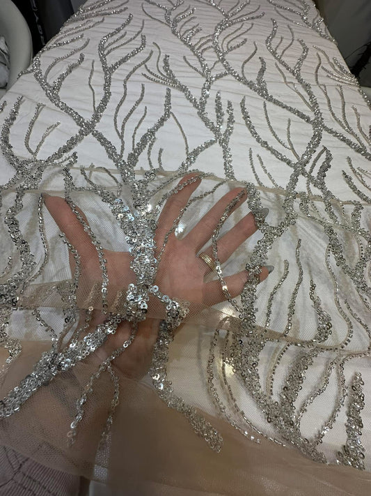 Broderie accesorizata cu paiete si margele argintii pe tulle nude - MODEL SOFY