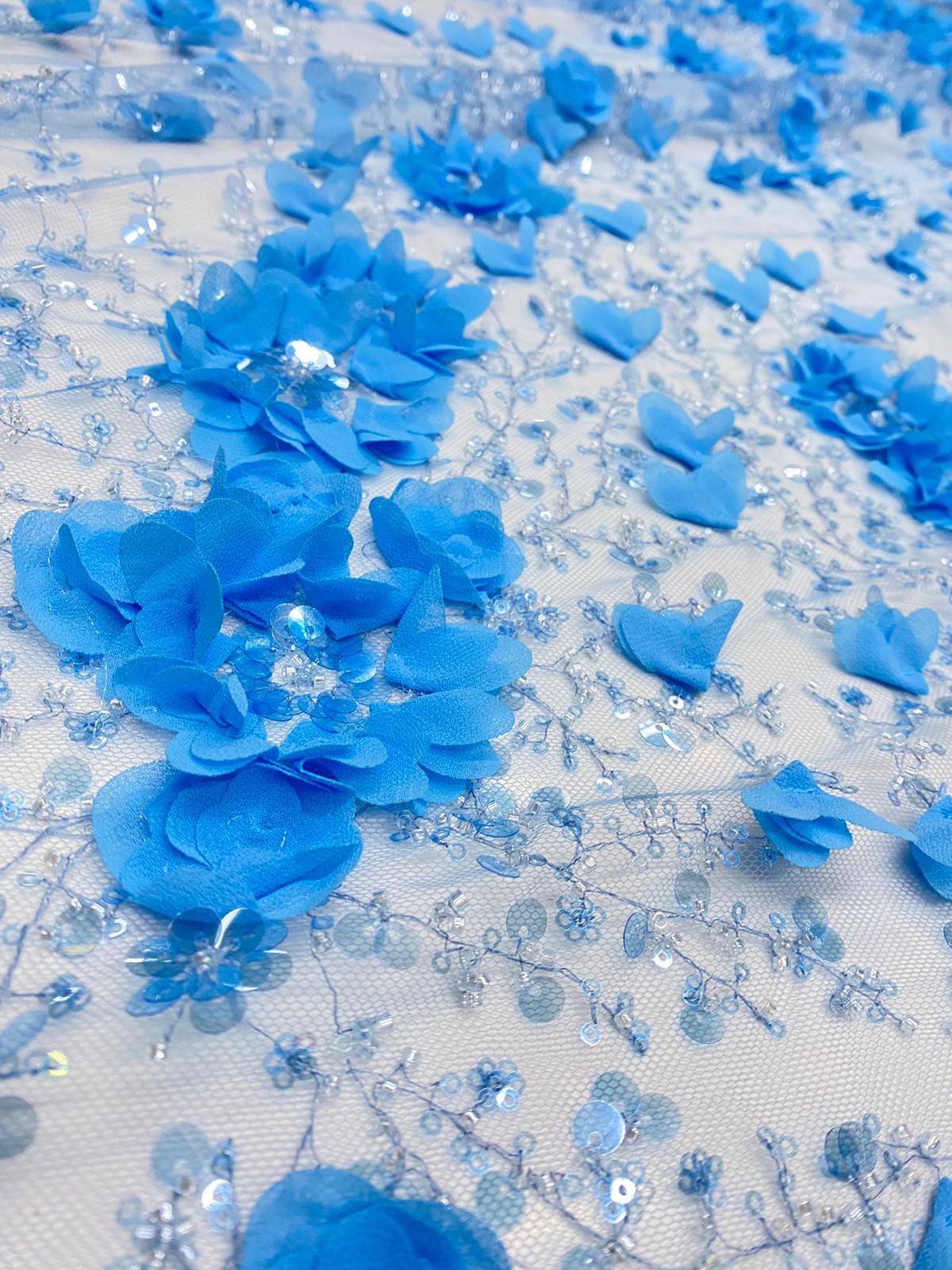 Broderie accesorizata cu flori 3D , margele si paiete , Turqoise - MODEL ALIMA