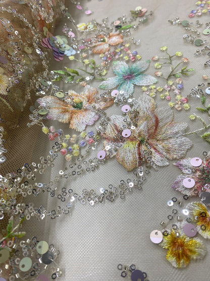 Broderie premium accesorizata Flori 3D, design multicolor, tulle Galben Pal, Model FAVI