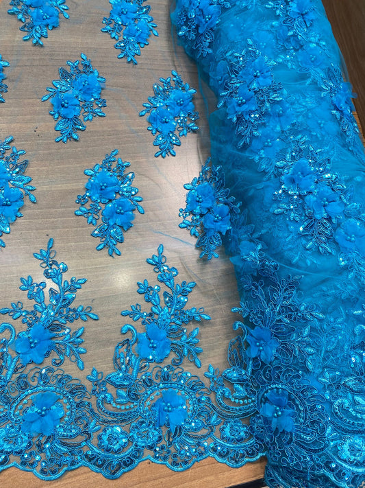 Tulle Accesorizat cu flori 3D, culoare Turcoaz, Model IZA