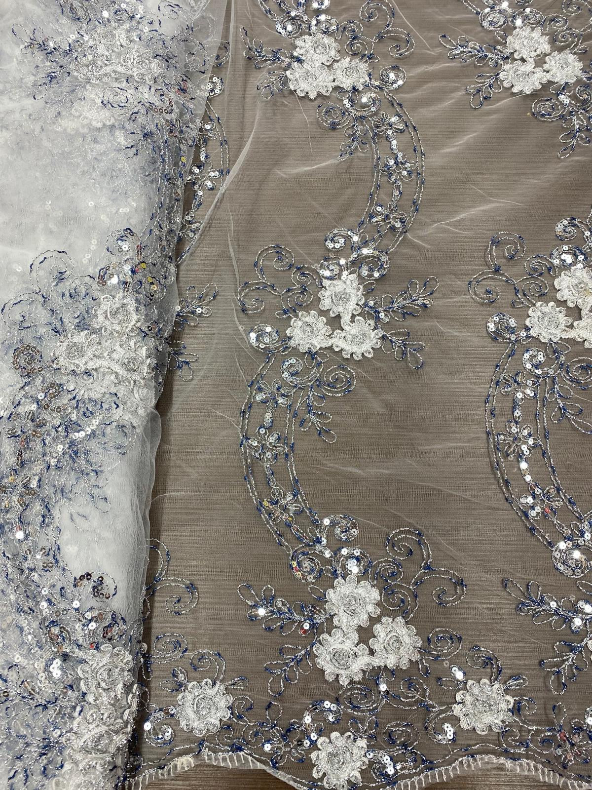 Broderie pe Tulle of White cu paiete si fir lame argintiu si albastru, model 3D