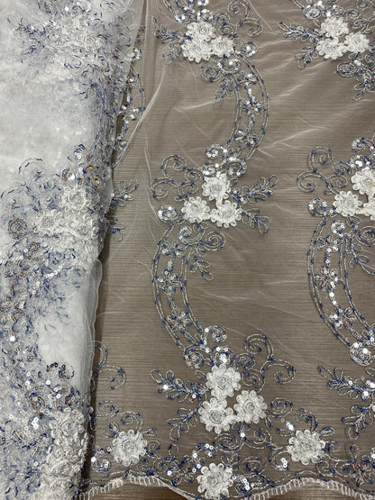 Broderie pe Tulle of White cu paiete si fir lame argintiu si albastru, model 3D