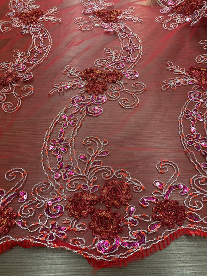 Broderie pe tulle Rosu cu paiete Fuxia si fir lame, model 3D