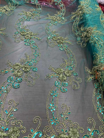 Broderie pe tulle Turqoise cu paiete fir lame, model 3D