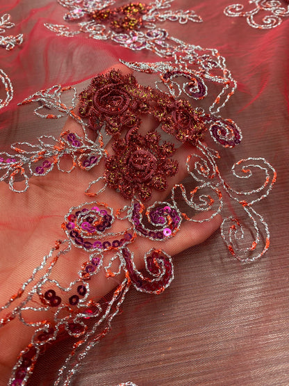 Broderie pe tulle Rosu cu paiete Fuxia si fir lame, model 3D