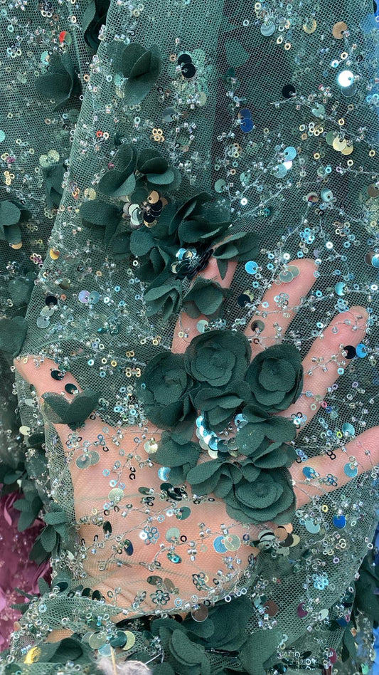 Broderie accesorizata cu paiete si margele tubulare, Verde - MODEL FLORA