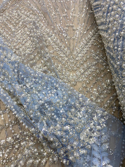 Broderie premium accesorizată cu perle, paiete si mărgele, Bleu, model Zafira