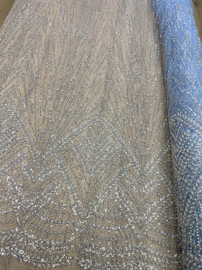 Broderie premium accesorizată cu perle, paiete si mărgele, Bleu, model Zafira