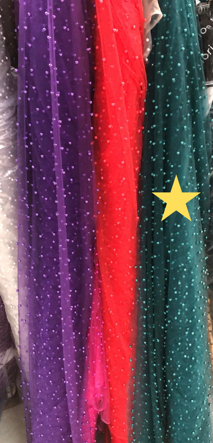 Tulle accesorizat, plin cu perle, Verde-inchis