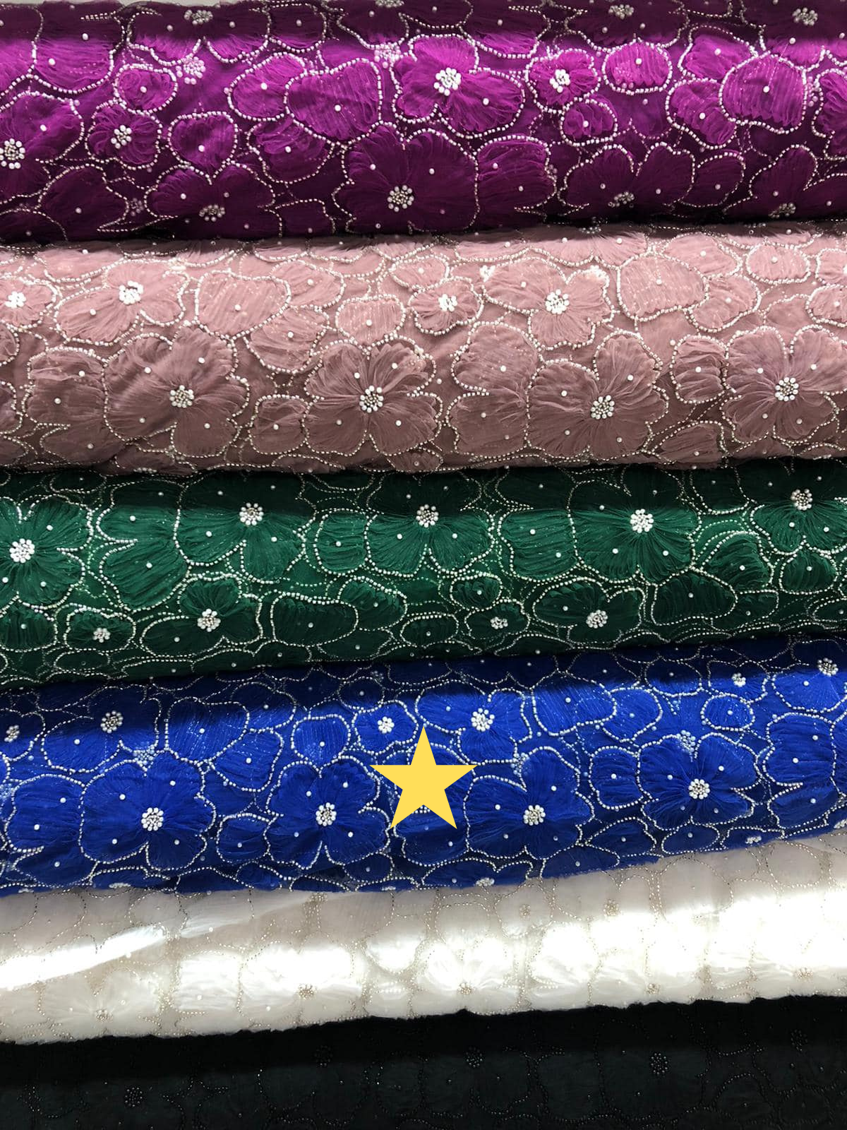 Broderie pe tulle cu floricele, Albastru-Royal