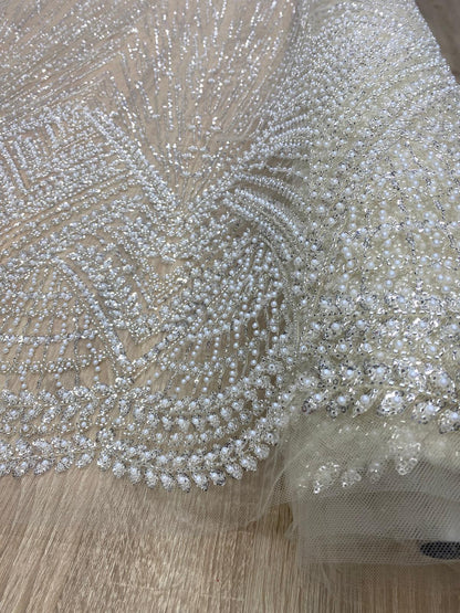 Broderie premium accesorizată cu perle, paiete si mărgele argintii pe tulle Bej, model Zafira