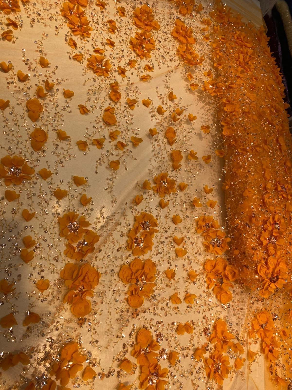 Broderie accesorizata cu paiete si margele tubulare, Portocaliu - MODEL FLORA