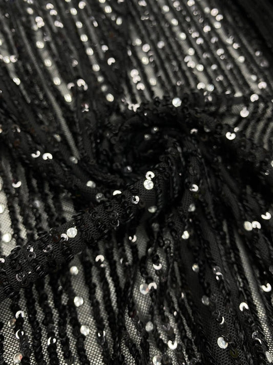 Tulle Bi-elastic cu strasuri si paiete, Negru
