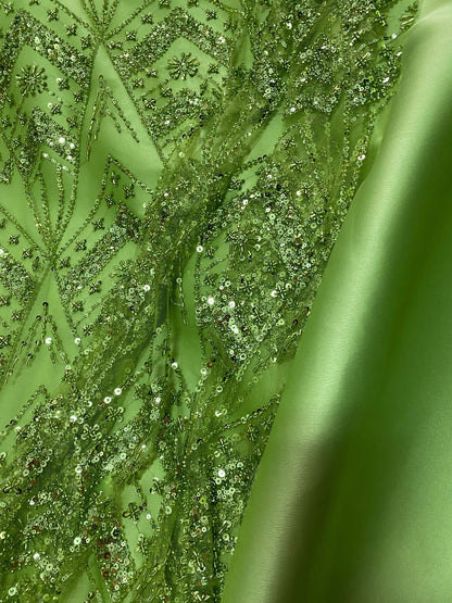 Broderie accesorizata cu paiete si margele, Verde Fistic - Model CICY