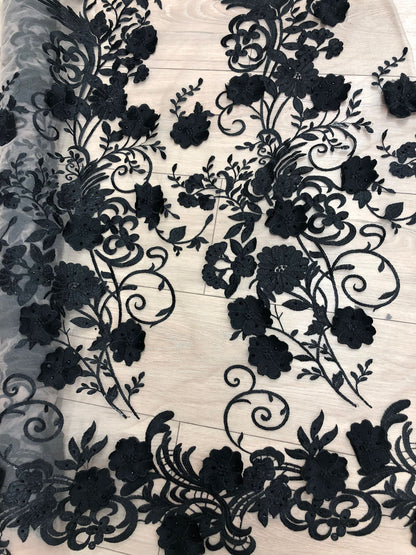 Broderie pe tulle cu flori 3D , Negru / MODEL ALARA