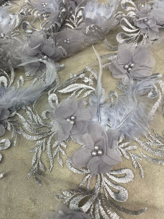 Broderie accesorizata cu flori 3D, Gri- MODEL ANYA