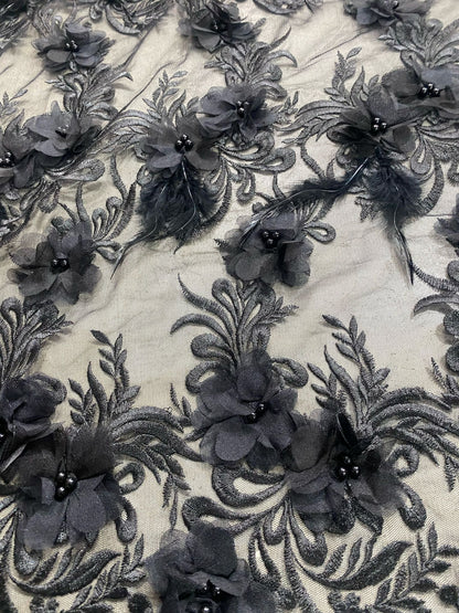 Broderie accesorizata cu flori 3D, Negru - MODEL ANYA