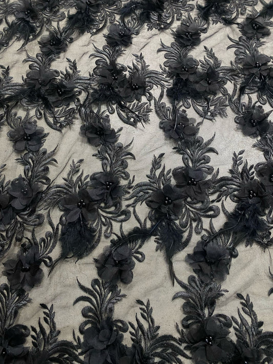 Broderie accesorizata cu flori 3D, Negru - MODEL ANYA