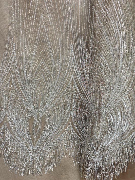 Broderie argintie, accesorizata cu paiete si margele , suport de tulle bej - MODEL GRACIE