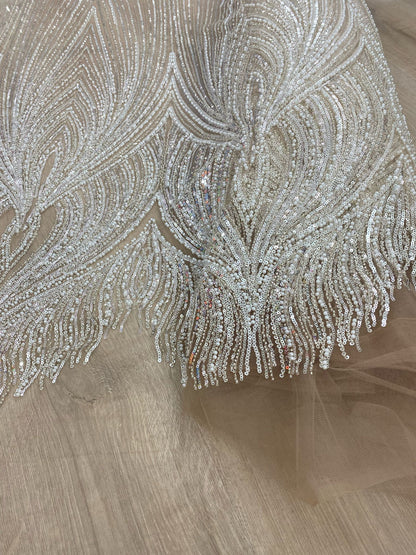 Broderie argintie, accesorizata cu paiete si margele , suport de tulle bej - MODEL GRACIE