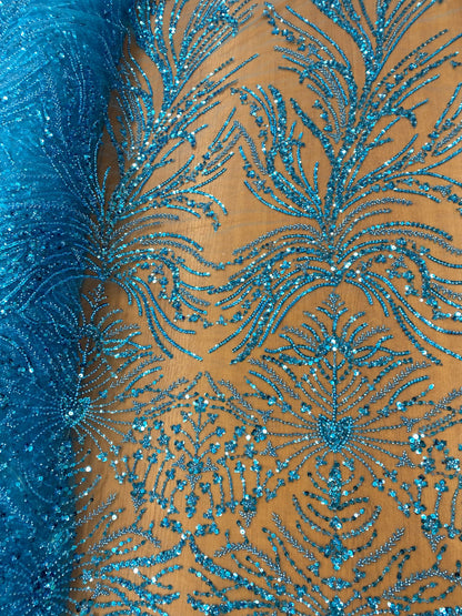 Broderie accesorizata cu paiete si margele , Turqoise - MODEL ELSIE