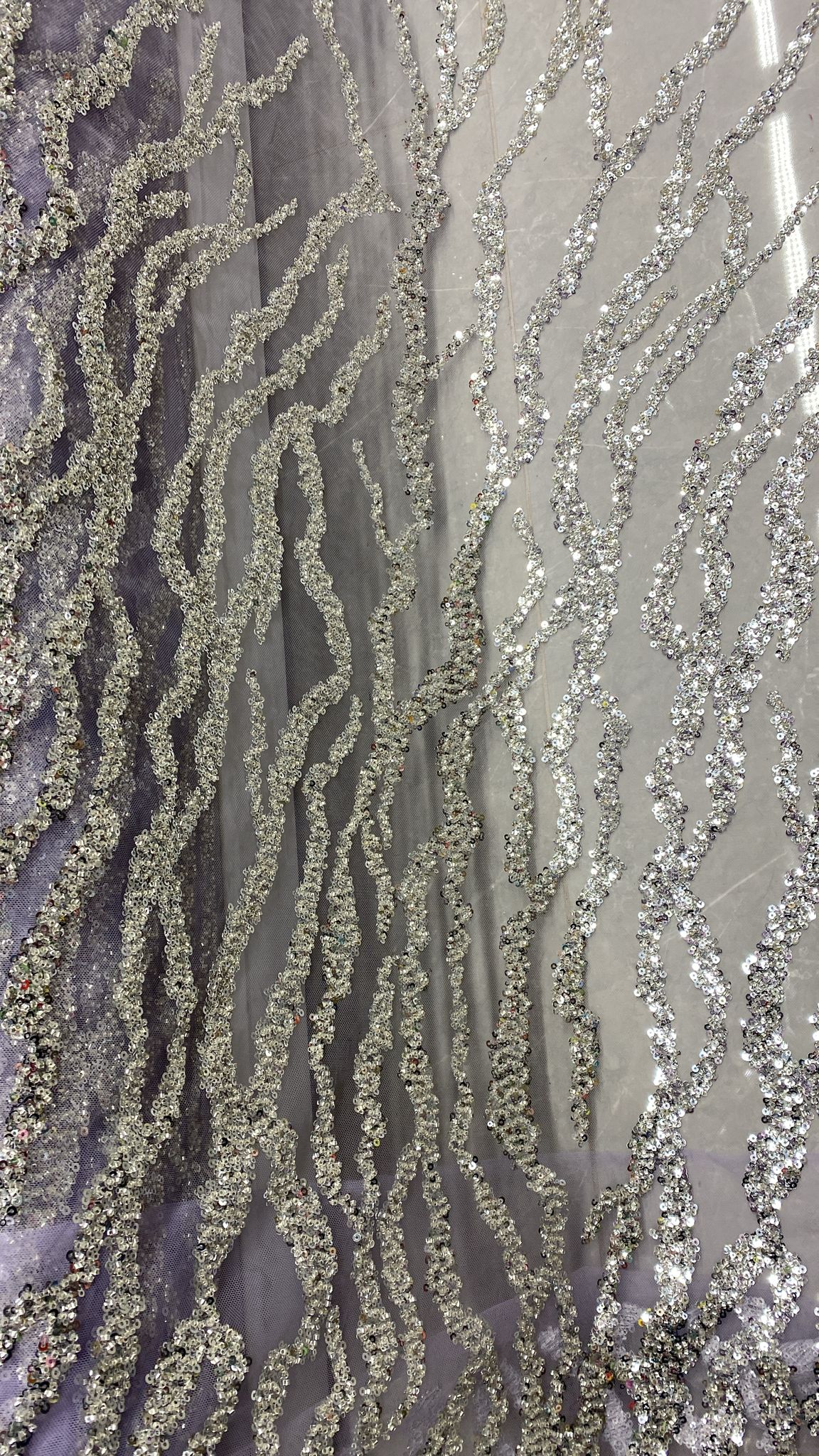 Broderie argintie, accesorizata cu paiete si margele, pe suport de tulle mov lila  - MODEL AYLA