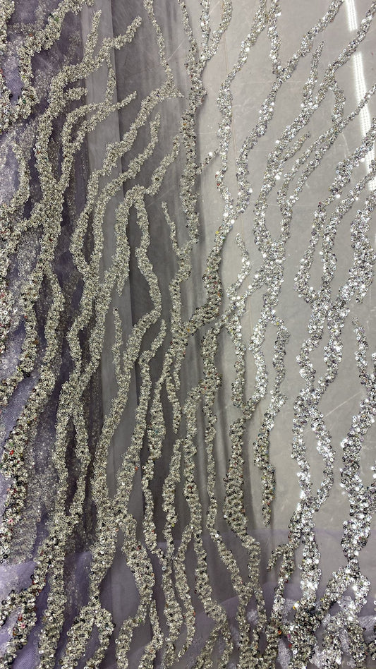 Broderie argintie, accesorizata cu paiete si margele, pe suport de tulle mov lila  - MODEL AYLA