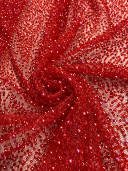Tulle accesorizat cu perle si margele tubulare , Rosu - MODEL HACER