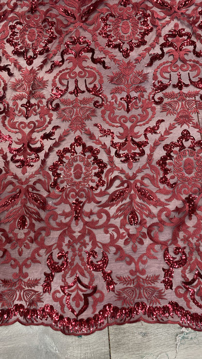Tulle brodat accesorizat cu paiete, Model baroc,Bordeaux